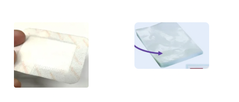 <p>BOTH have shiny and perforated polyurethane (polyester) which allows passage of blood/exudate away from the wound while remaining non-adherent</p><p><strong>Primapore</strong> = Peripheral adhesive surrounding thin absorbent layer</p><p><strong>Melolin</strong> = Thicker absorbent layer and no peripheral adhesive (needs bandage)</p>