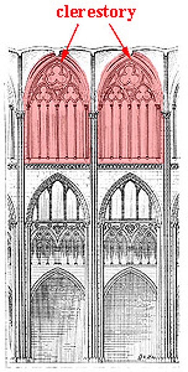 <p>Upper part of a church or hall that contains windows, allowing light into the interior.</p>