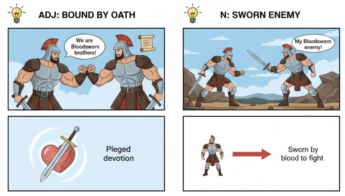 <p><strong>(Literary) bound by a sacred oath or covenant, typically involving blood or a severe promise; fiercely loyal.</strong></p><p> (người đã thề nguyền bằng máu, bị ràng buộc bởi lời thề thiêng liêng, cực kỳ trung thành)</p>