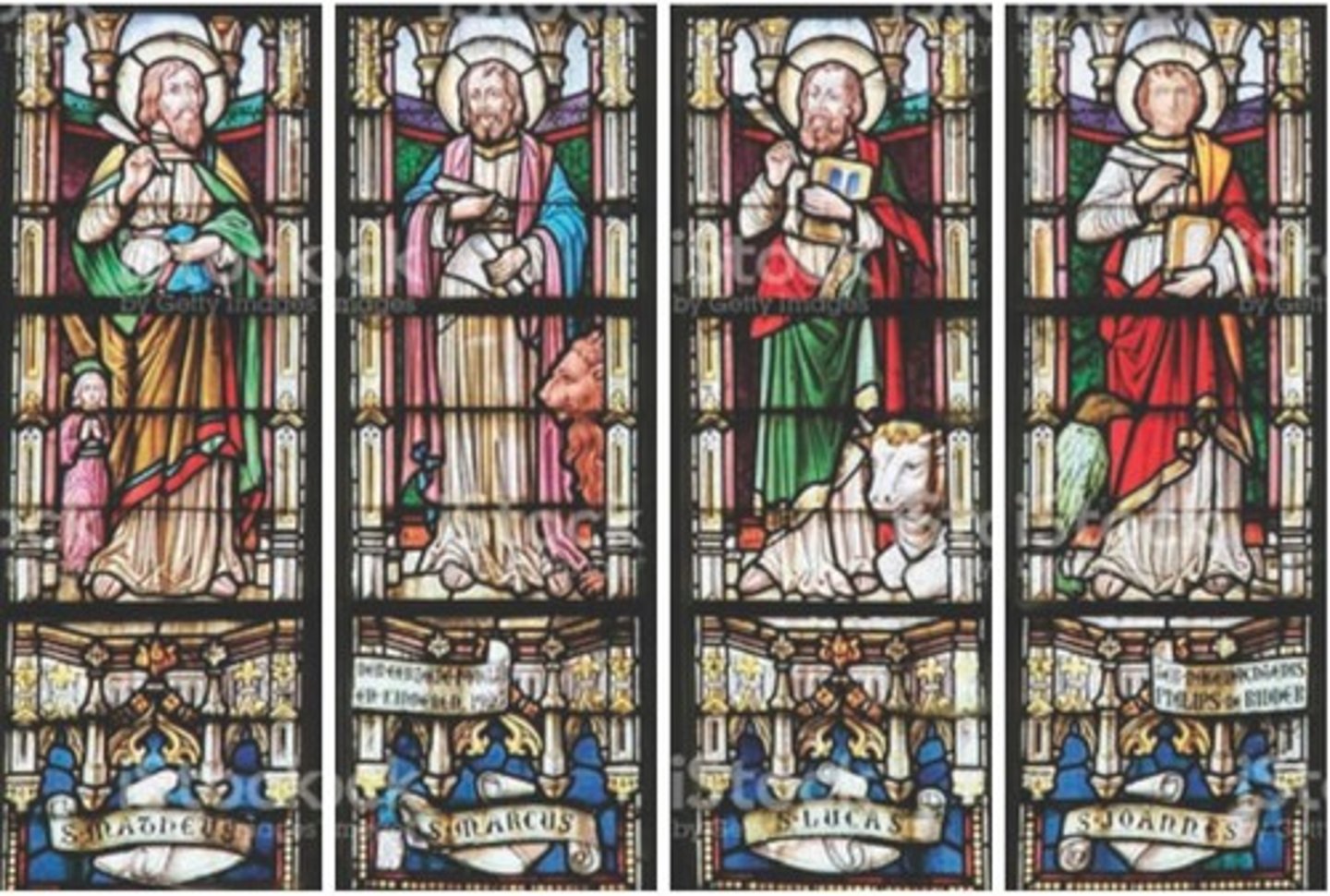 <p>Associated with four named human beings: Matthew, Mark, Luke and John.</p>