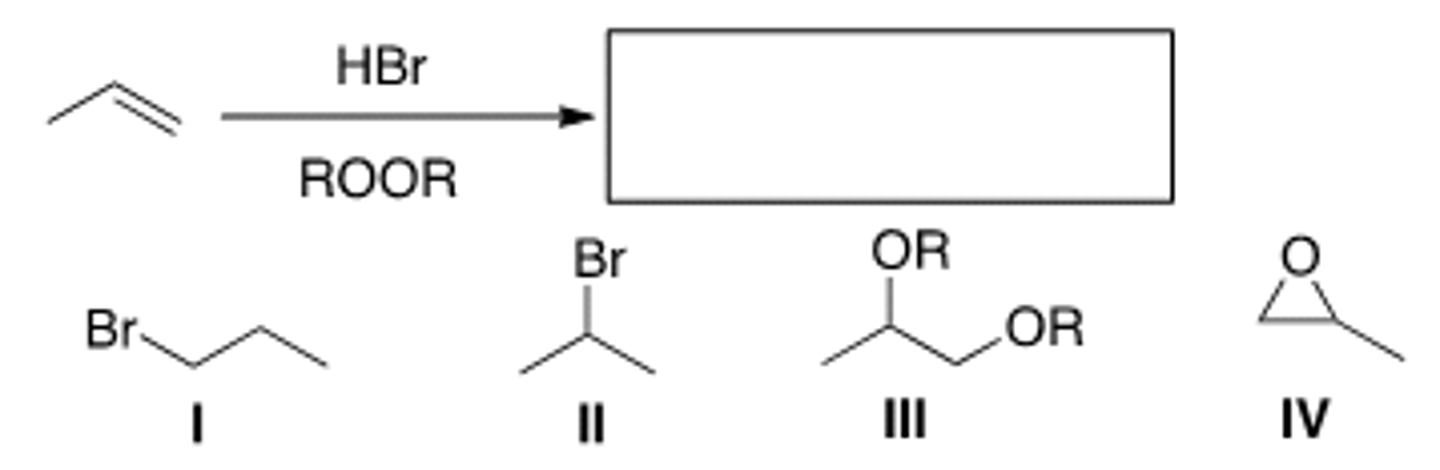 <p>What is the product of the following reaction?</p><p>A) I B) II C) III D) IV</p>