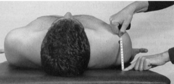 <p>Position: Supine, arms at the side and external rotated, forearm supinated</p><p>Measure the distance between posterior border of acromion and the support surface. </p>