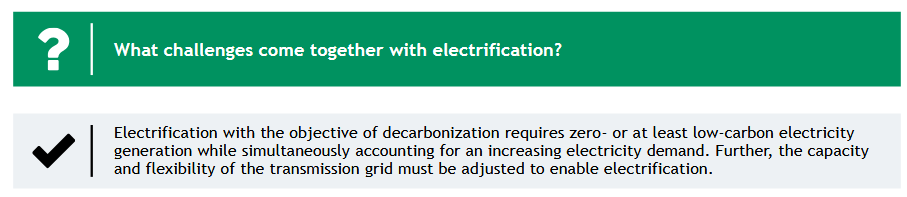 <p>Electrification with the objective of decarbonization requires zero- or at least low-carbon electricity generation while simultaneously accounting for an increasing electricity demand. Further, the capacity and flexibility of the transmission grid must be adjusted to enable electrification.</p>
