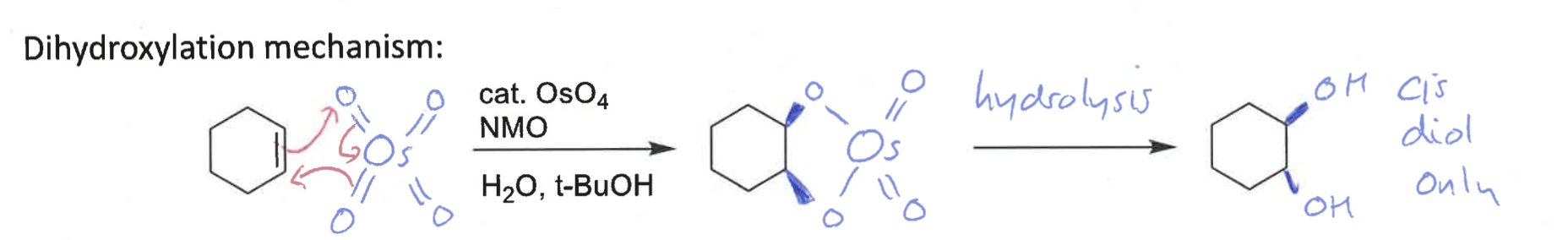 <p>cis diol only formed as O is on same face of alkene </p>