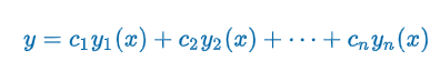 <p><span>Let y</span><sub>1</sub><span>, y</span><sub>2</sub><span>, …, y</span><sub>n </sub><span>be a fundamental set of solutions of the homogeneous linear -order differential equation on an interval I. Then the general solution of the equation on the interval is y = c<sub>1</sub>y<sub>1</sub>(x) + c<sub>2</sub>y<sub>2</sub>(x) + … + c<sub>n</sub>y<sub>n</sub>(x) where c<sub>i</sub>, i = 1, 2, …, n are arbitrary constants.”</span></p>