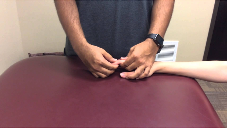 <p>Position: Slight flexion. Hands at joint line</p><p>Purpose: <span style="color: blue">finger Flexion/extension</span></p><p>Volar – flexion</p><p>Dorsal - extension</p>