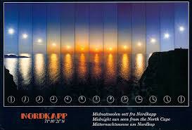 Continuous daylight, a time when the sun is visible at midnight during the summer in either the Arctic or Antarctic Circle