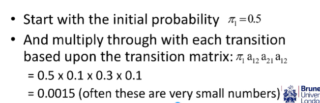 <p>H = <span style="color: #000000"><mark data-color="#ffcdcd" style="background-color: #ffcdcd; color: inherit">1,</mark></span> <mark data-color="#e3ffd5" style="background-color: #e3ffd5; color: inherit">2, 1, 2</mark></p><p>P =<mark data-color="#ffd9d9" style="background-color: #ffd9d9; color: inherit"> 0.5</mark><mark data-color="#ffe1e1" style="background-color: #ffe1e1; color: inherit">,</mark> <span style="color: #000000"><mark data-color="#e1ffcd" style="background-color: #e1ffcd; color: inherit">0.1, 0.3, 0.1</mark></span></p><p>transitions = <mark data-color="#ffd1d1" style="background-color: #ffd1d1; color: inherit">initial 1</mark>, <span style="color: #000000"><mark data-color="#ddffcc" style="background-color: #ddffcc; color: inherit">from 1 to 2, from 2 to 1, from 1 to 2</mark></span></p><p></p><ul><li><p>the first value is always the initial state since there’s nothing to transition from, so use the probability from the<strong><em><mark data-color="#ffd5d5" style="background-color: #ffd5d5; color: inherit"> </mark></em><mark data-color="#ffd5d5" style="background-color: #ffd5d5; color: inherit">initial probability distribution </mark></strong></p></li><li><p>use the <strong><mark data-color="#e4ffcd" style="background-color: #e4ffcd; color: inherit">transition probability distribution</mark></strong> values starting from the second value in the sequence</p></li></ul><p></p>
