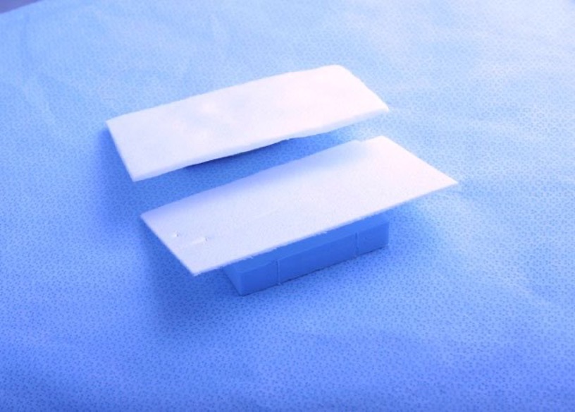 <p>hemostasis, comes in a variety of sizes that are regular or compressed, often cut to fit area to be used on and soaked in topical thrombin </p>