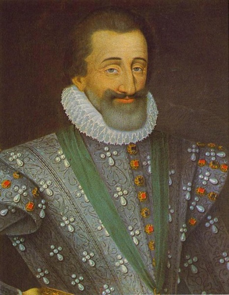 <p>a. King<br>b. France<br>c. He was a Huguenot who inherited the French throne in 1589. He worked to fight the Catholics for many years, but converted to Catholicism. Eventually issued the Edict of Nantes in 1595, which gave the Huguenots religious toleration. His goal was to put "a chicken in every pot." He increased the bureaucracy and worked to reduce the power of the nobles. This paved the way for future kings to rule without any check on their power. In 1610, he was assassinated, leaving the throne to his nine-year old son, Louis XIII.</p>