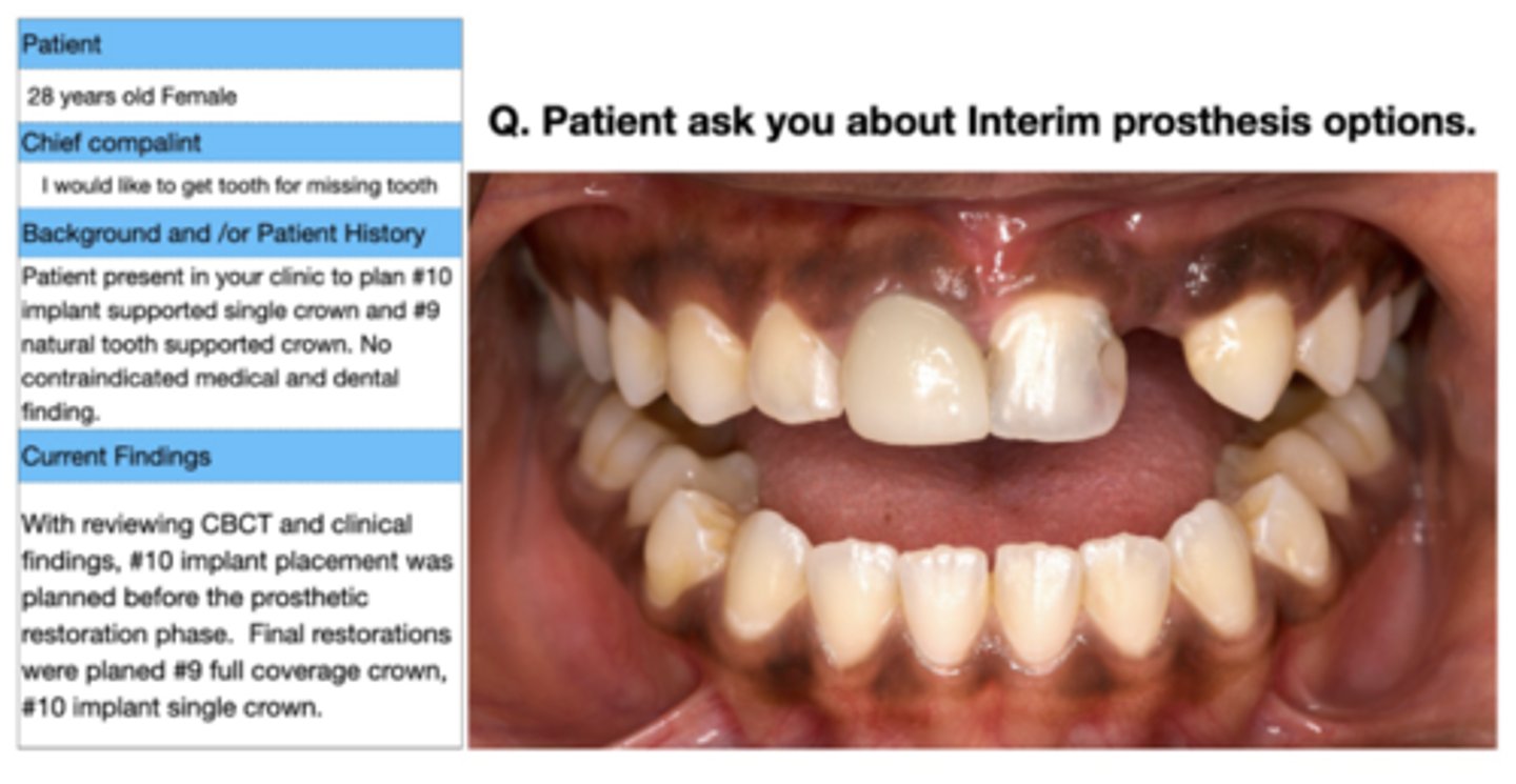 <p>Based on the clinical description and picture in below, which of the following interim restorations is considered minimally invasive due to its reliance on wings that are bonded to the adjacent teeth? (Select one answer)</p><p>A. Cast metal or fiber-reinforced resin-bonded fixed dental prosthesis (RBFDP)</p><p>B. Interim partial removable dental prostheses (PRDP)</p><p>C. Vacuum-formed removable retainer supporting an ovate pontic (Essix)</p><p>D. Interim partial fixed dental prostheses (FDP)</p>