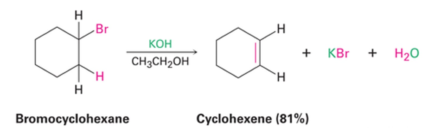 <p>Use strong base to deprotonate to make alkene (K+ takes Br, OH takes H)</p>