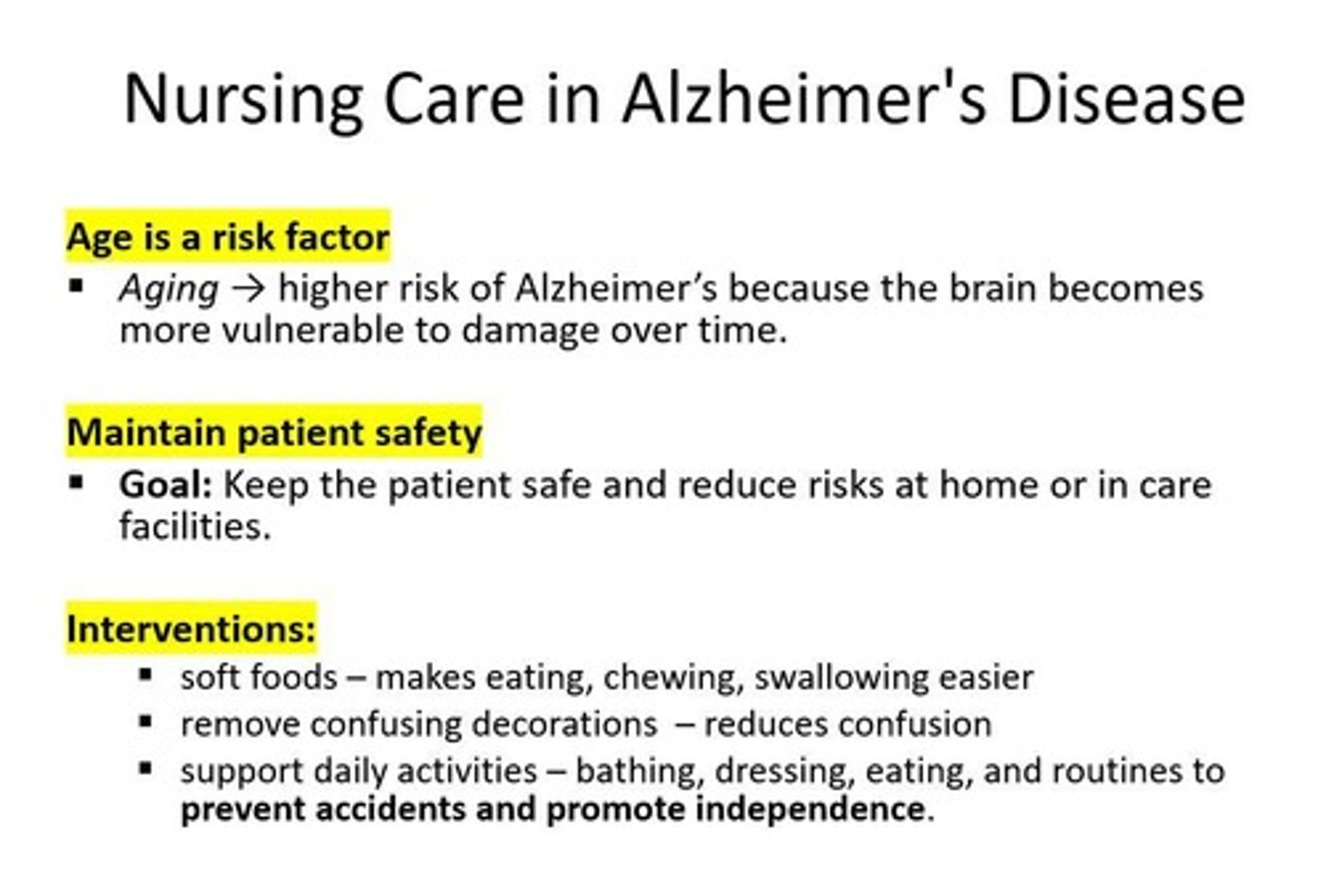 <p>Higher risk of Alzheimer's because the brain becomes more vulnerable to damage over time.</p>