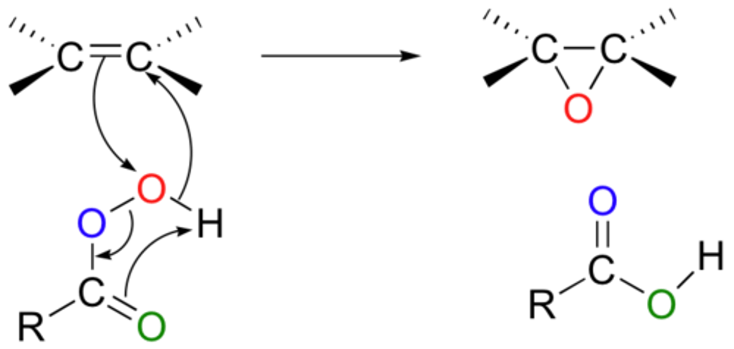 <p>forms epoxides</p><p>configuration is conserved</p><p>the steps of this reaction are concerted</p>