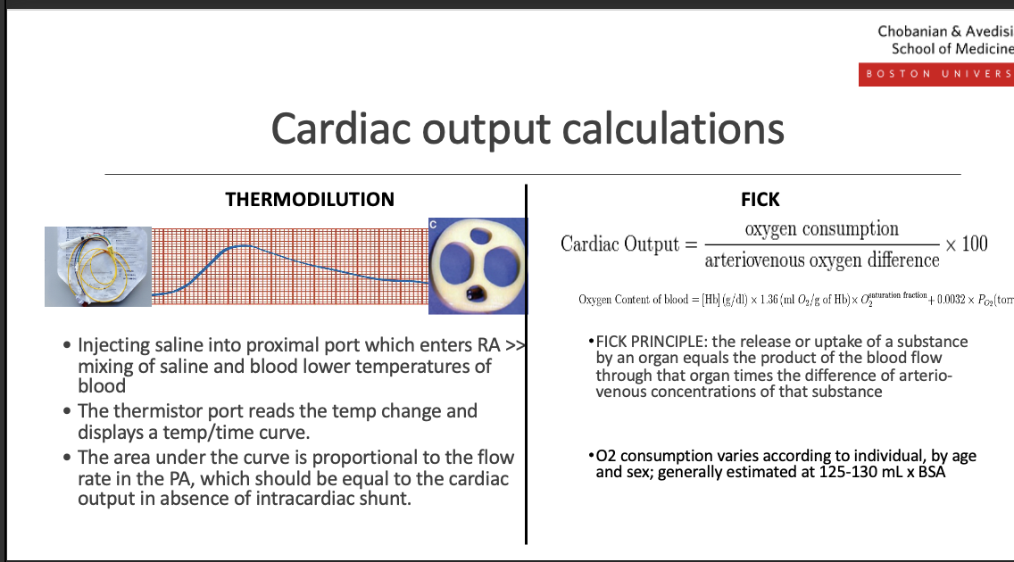 <ul><li><p><strong>Cardiac Output (CO):</strong><br>CO = <strong>Heart Rate × Stroke Volume</strong></p></li><li><p><strong>Thermodilution (Swan–Ganz):</strong><br>CO is calculated by injecting <strong>cold saline</strong> into the right atrium and measuring the <strong>temperature change</strong> in the pulmonary artery; a <strong>smaller temperature change = higher CO</strong>, larger change = lower CO.</p></li><li><p><strong>Fick Equation:</strong><br>CO = <strong>O₂ consumption ÷ (arterial O₂ − venous O₂)</strong><br>Uses the difference between <strong>arterial and mixed venous oxygen content</strong> to calculate CO.</p></li></ul><p><strong>Key:</strong></p><ul><li><p><strong>Thermodilution → invasive, catheter-based</strong></p></li><li><p><strong>Fick → based on oxygen delivery and consumption</strong></p></li></ul><p class="placeholder"></p>