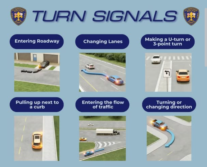 <p>When </p><ul><li><p><strong>changing lanes</strong></p></li><li><p><strong>turning or </strong></p></li><li><p><strong>pulling out</strong> into traffic.</p></li></ul><p></p>