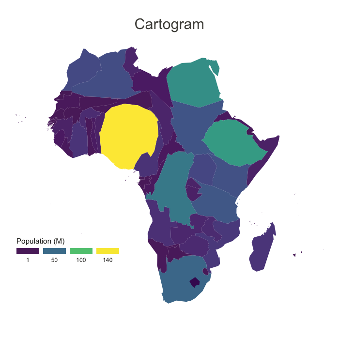 <p>Transform space so that the political unit, such as a state or country with the greatest value for some type of data is represented by largest relative area and all other polygons are represented proportionately to the largest polygon. </p>