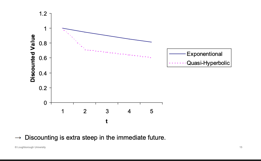 <p>Quasi Hyperbolic (beta delta) - everything in the future is pulled downwards, the present has a greater focus on</p>