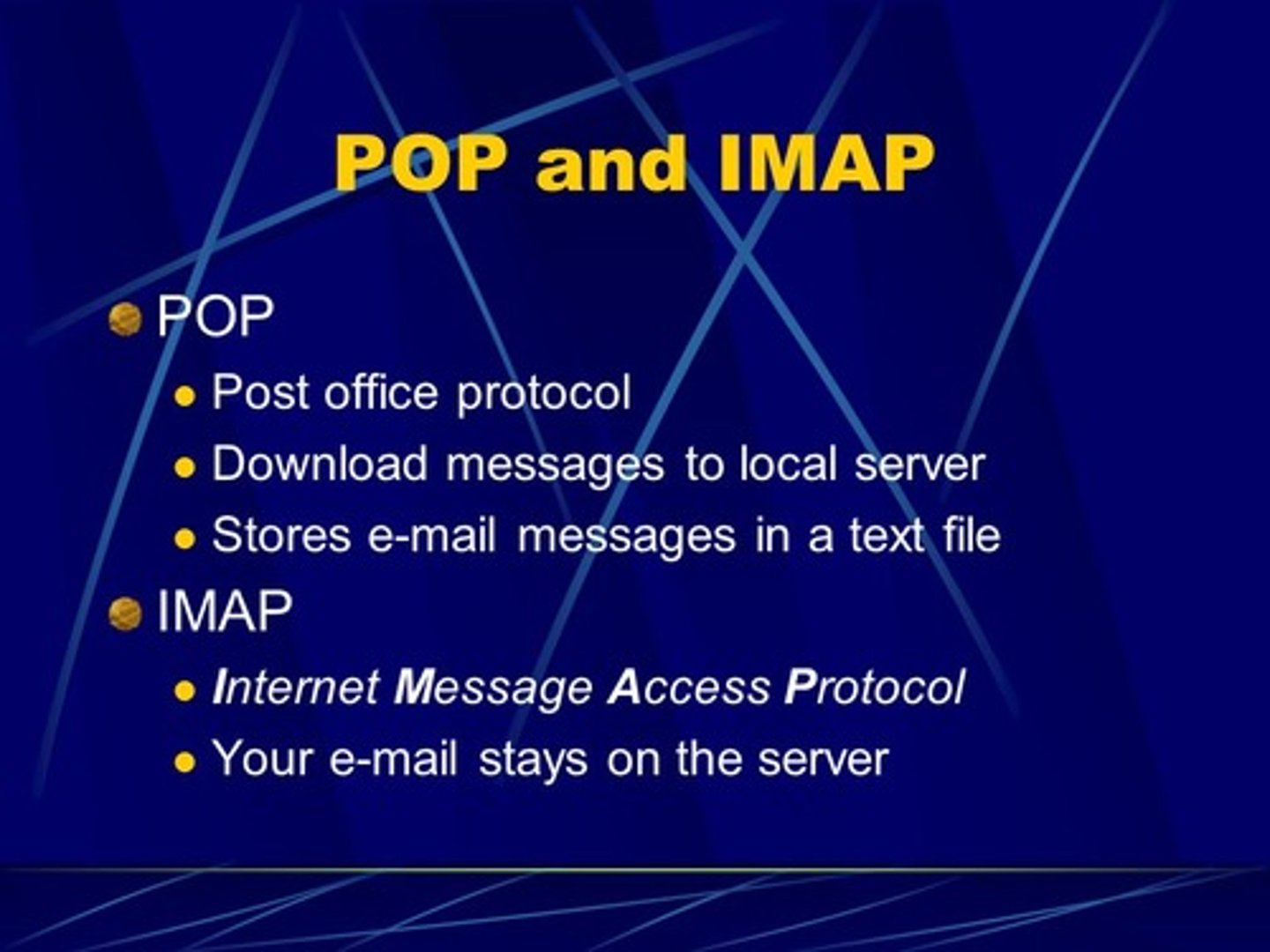 <p>Post Office Protocol 3, used for receiving emails by downloading them to an email client.</p>