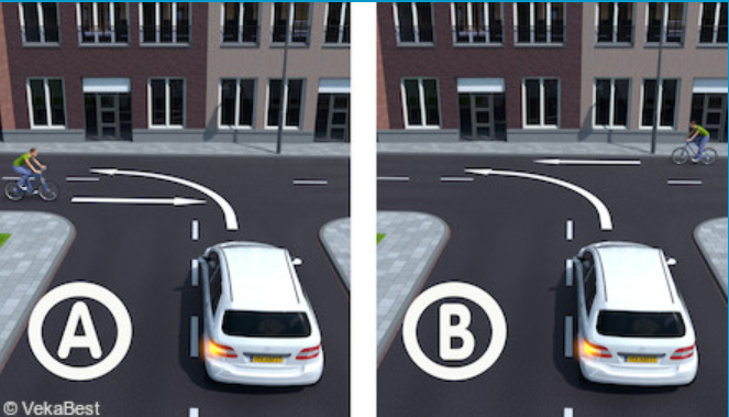 <p><span>In which situation must you give the cyclist right of way?</span></p>