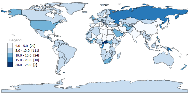<p>A thematic map that uses tones or colors to represent spatial data as average values per unit area.</p>