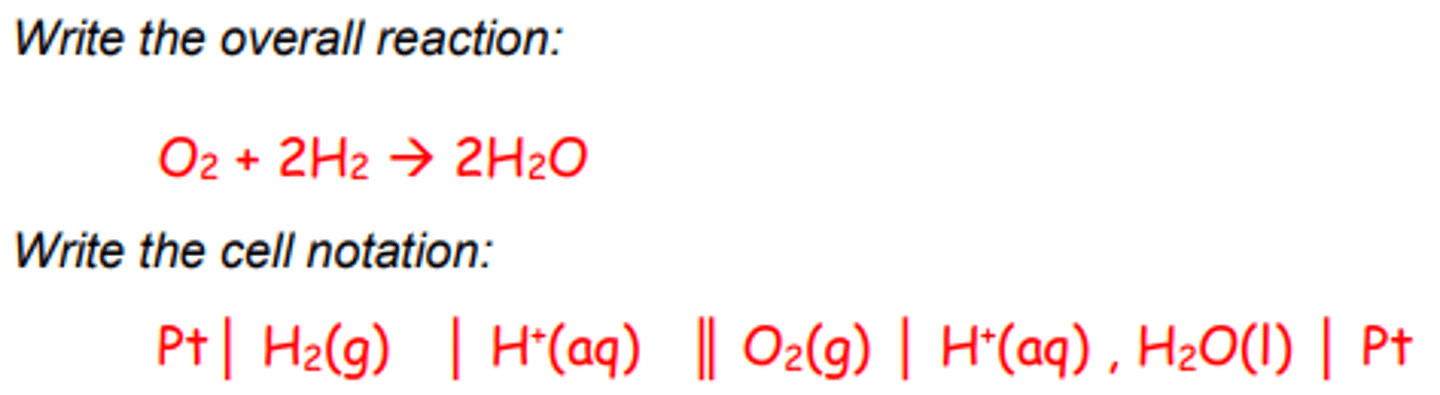 <p>(Anode) Negative electrode: <br>H2(g) -&gt; 2H+(aq) + 2e-<br> E = 0.0 V<br>(Cathode) Positive electrode: <br>O2(g) + 4H+(aq) + 4e- -&gt; 2H2O(l) <br>E = 1.23 V</p>