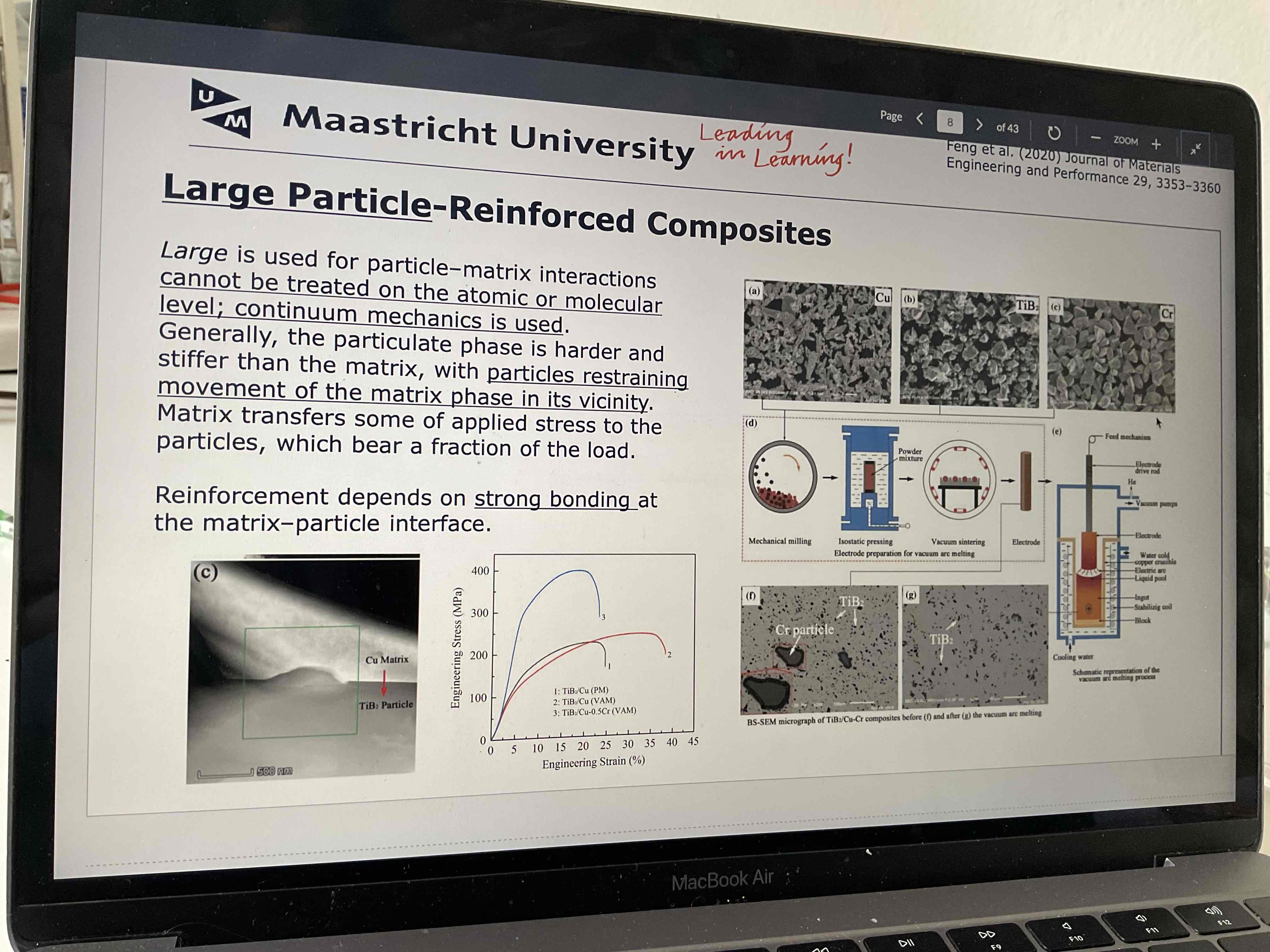 <p>Large particles, no atomic/molecular interaction between particles and the matrix</p><ul><li><p>Large particles restrain movement of the matrix</p></li><li><p>Matrix transfer applied stress to particles that then bear a part of the load</p></li><li><p>Mechanical behaviour depends on bonding at the matrix particle interface</p></li><li><p>Example: concrete</p></li><li><p>Important: the particles have the same dimensions in all directions</p></li><li><p>Even distribution throughout the matrix—&gt; good mechanical performance</p></li></ul>