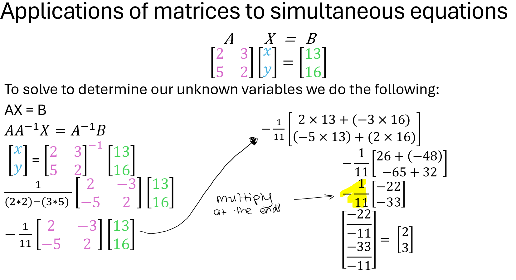 <ul><li><p>Given system:<br>2x + 3y = 13<br>5x + 2y = 16</p></li><li><p>Write as matrix equation:<br>A × X = B<br>where<br>A = [2 3; 5 2]<br>X = [x; y]<br>B = [13; 16]</p></li><li><p>Solve by finding <strong>X = A⁻¹ × B</strong></p></li><li><p><strong>(Also can use CAS)</strong></p></li></ul><p></p>