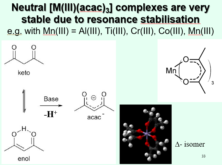 <ul><li><p>Acac forma a 6-membered ring, so it is not as stable as the five membered ring </p></li><li><p>However, the complex can be stabilised with resonance stabilisation </p></li></ul><p></p>