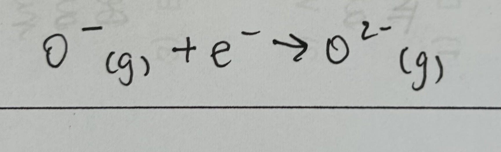 <p>enthalpy change when 1 electron is added to each ion in 1 mole of gaseous 1- ions to form 1 mole of gaseous 2- ions</p>
