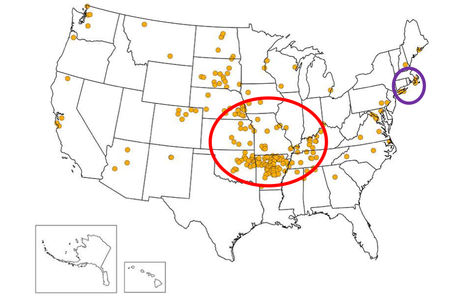 <ul><li><p>Endemic</p><ul><li><p><span style="color: red;">South-Central U.S</span> and <span style="color: rgb(134, 0, 232);">Martha’s Vineyard</span></p></li></ul></li></ul><p></p>