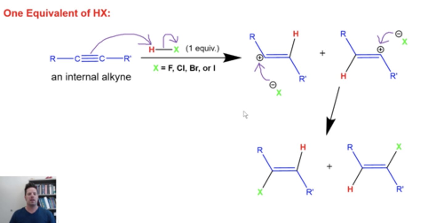 <p>because internal alkynes don't form one carbocation with greater stability than the other during addition reactions, adding HX to internal alkynes will give a mixture of products</p>