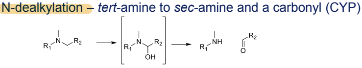 <p>N-dealkylation to secondary amines and a carbonyl, catalyzed by CYP </p>