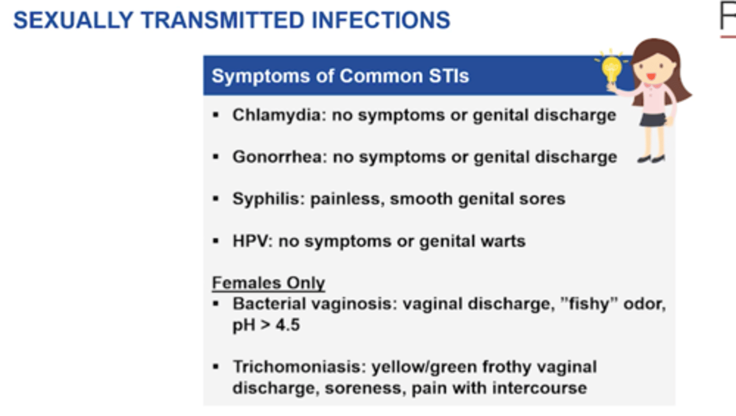 <p>Gonorrhea</p><p>Chlamydia</p><p>Syphilis</p><p>HPV</p><p>Trichomoniasis</p><p>Bacterial vaginosis</p>