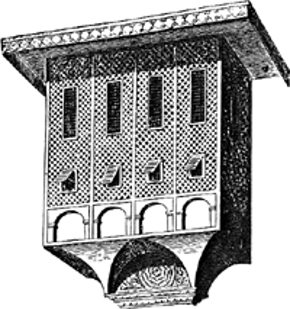 <p>An oriel with <strong>latticework that allows airflow</strong> while concealing the interior, common in Cairo and Levantine towns.</p>