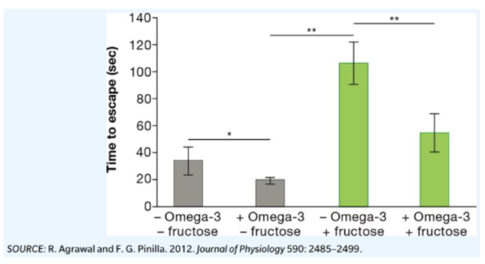 <p><span><span>The effect of diet on human health is often evaluated using animal models. Researchers tested the impact of drinking fructose solutions on memory by using rats trained to find an escape chamber in a maze. The effect of eating omega-3 fatty acids was also tested. The rats were fed various diets consisting of chow and drinking<br>water. After six weeks on the diets, the rats were tested again on the same maze, and their escape times were recorded and graphed below. The researchers hypothesize that excessive fructose impairs the ability to recall since fructose metabolism is less<br>controlled, which can lead to neuroinflammation in the brain. What can you conclude from these results about learning retention in rats?<br>A. These results suggest that fructose impaired the rats’ ability to recall what they had<br>learned about finding the escape chamber with statistical significance.<br>B. These results suggest that omega-3 fatty acids impaired the rats’ ability to recall what they had<br>learned about finding the escape chamber with statistical significance.<br>C. These results suggest that fructose and omega-3 fatty acids impaired the rats’ ability to recall<br>what they had learned about finding the escape chamber with statistical significance.<br>D. These results suggest that omega-3 fatty acids enhanced the rats’ ability to recall what they had<br>learned about finding the escape chamber but without statistical significance.<br>E. These results suggest that fructose and omega-3 fatty acids did not have a statistically<br>significant effect on the rats’ ability to recall what they had learned about finding the escape<br>chamber</span></span></p>