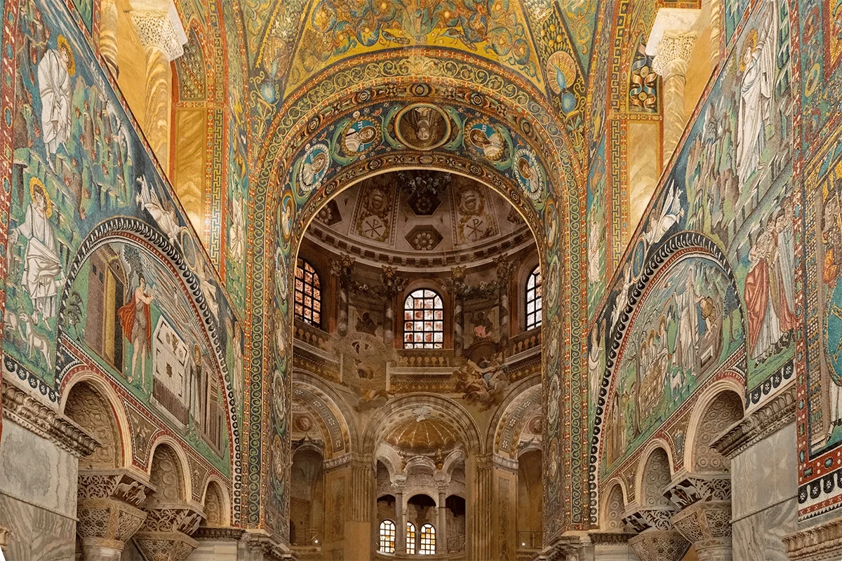 <p>San Vitale</p><p>Ravenna, Italy. Early Byzantine Europe. c. 526-547 C.E. Brick, marble, and stone veneer; mosaic</p><p>Early Byzantine</p>