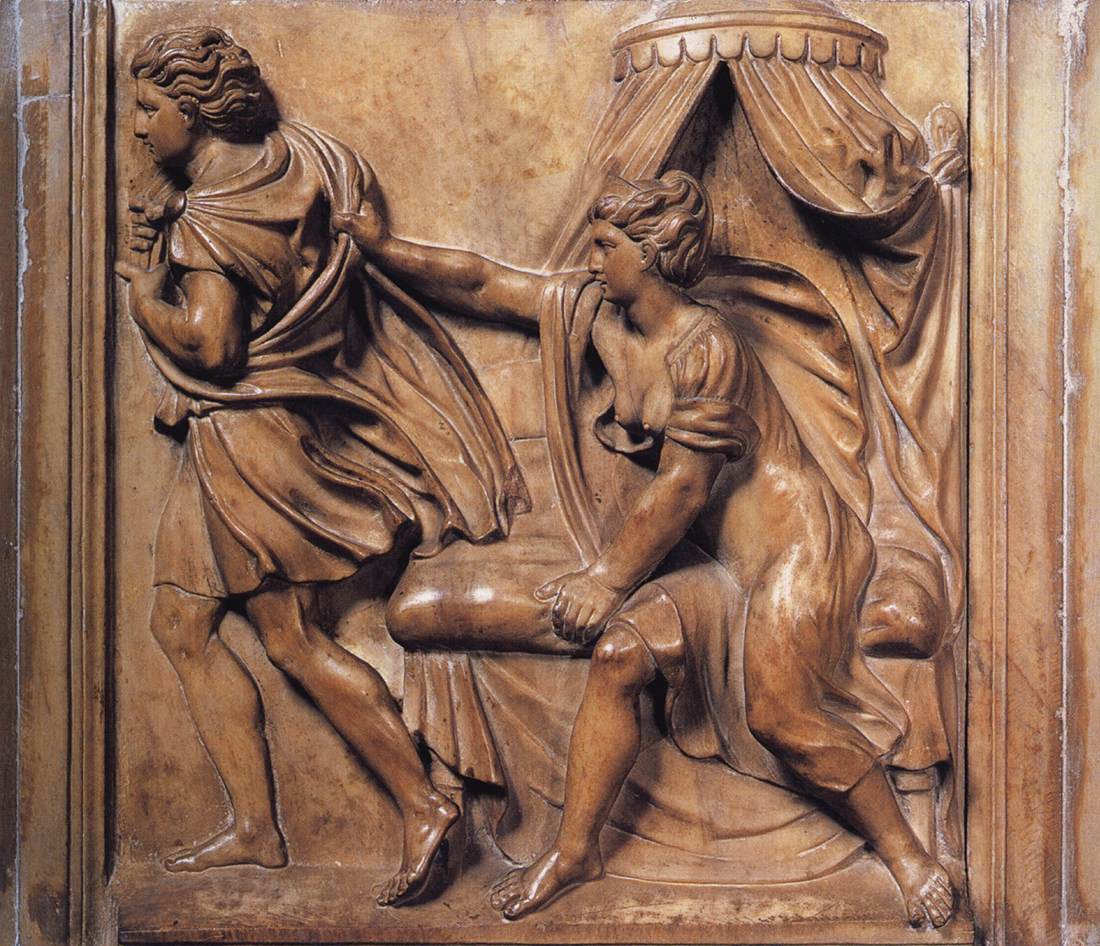 <p>Properzia de’ Rossi, Relief of Joseph and Potiphar's wife, c. 1525 (Museum of San Petronio, Bologna)</p><p></p><p>What are the piece’s form, function, content, and context?</p>
