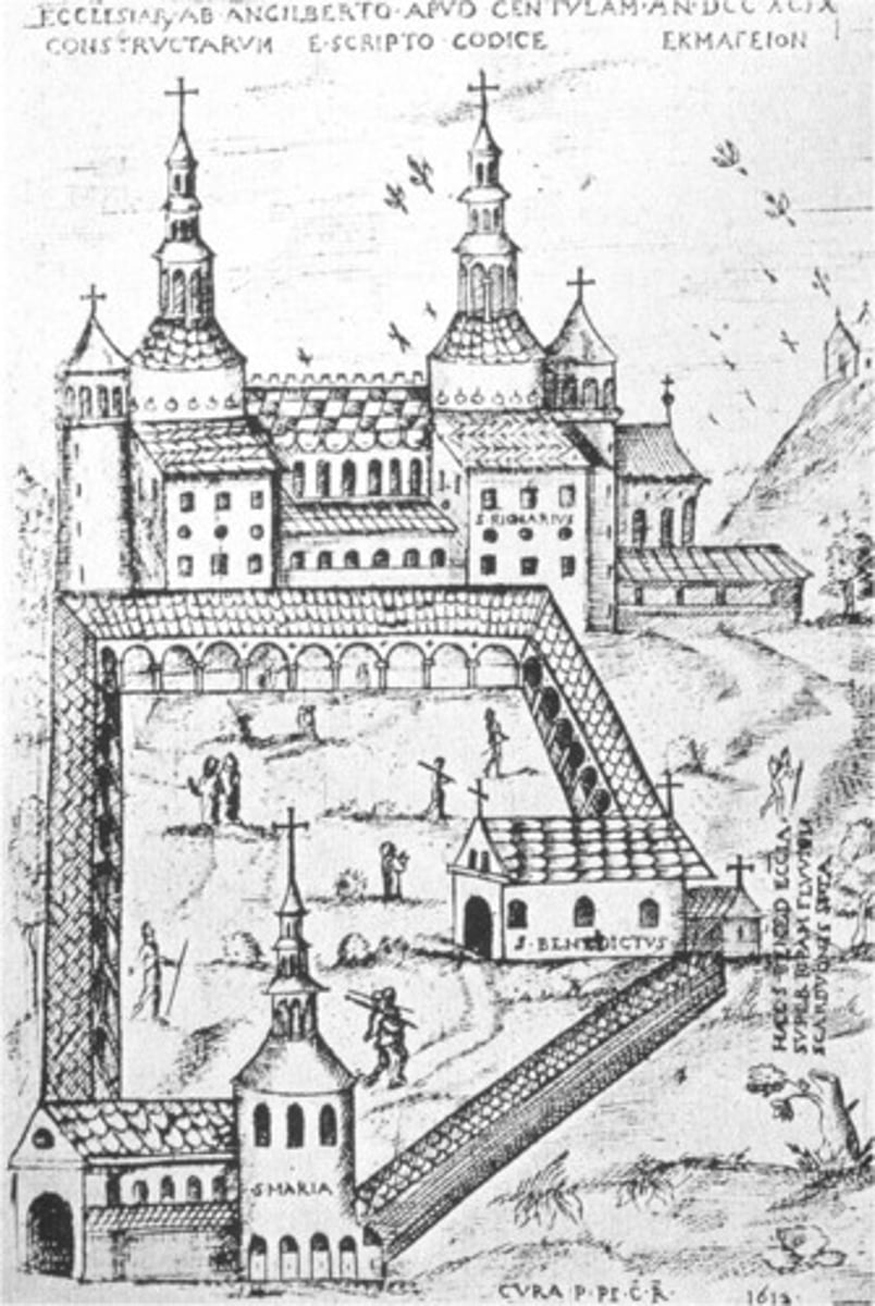 <p>-no longer standing</p><p>-Westwork: the monumental, west-facing entrance section of a church, the exterior consists of multiple stories between two towers</p><p>-Carolingian Renaissance</p>