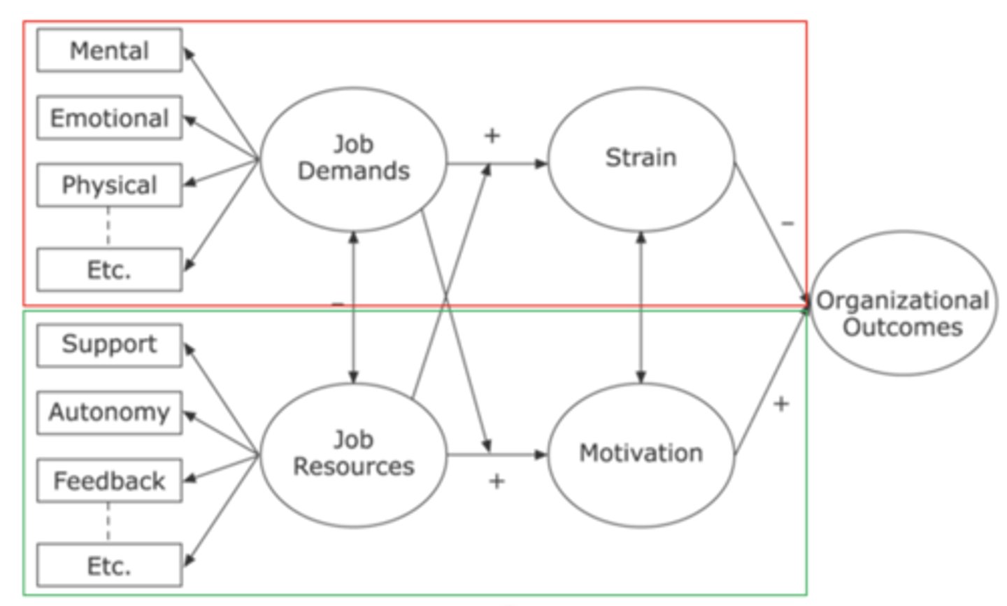 <p>Two processes</p><p>- Job demand stressors leading to strain.</p><p>- Job resources leading to motivation (similar to job characteristics theory)</p>