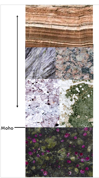 <p>upper crust: sediments, magmatic bodies = felsic, no metam</p><p>middle crust: meta-sediments, granitic plutons = felsic-andesitic, partly metam</p><p>lower crust: meta-sediments, large plutons = felsic-mafic, hella metam</p><p>—MOHO—-</p><p>Sub-continental lithospheric mantle: eclogite, peridotite = ultramafic </p>