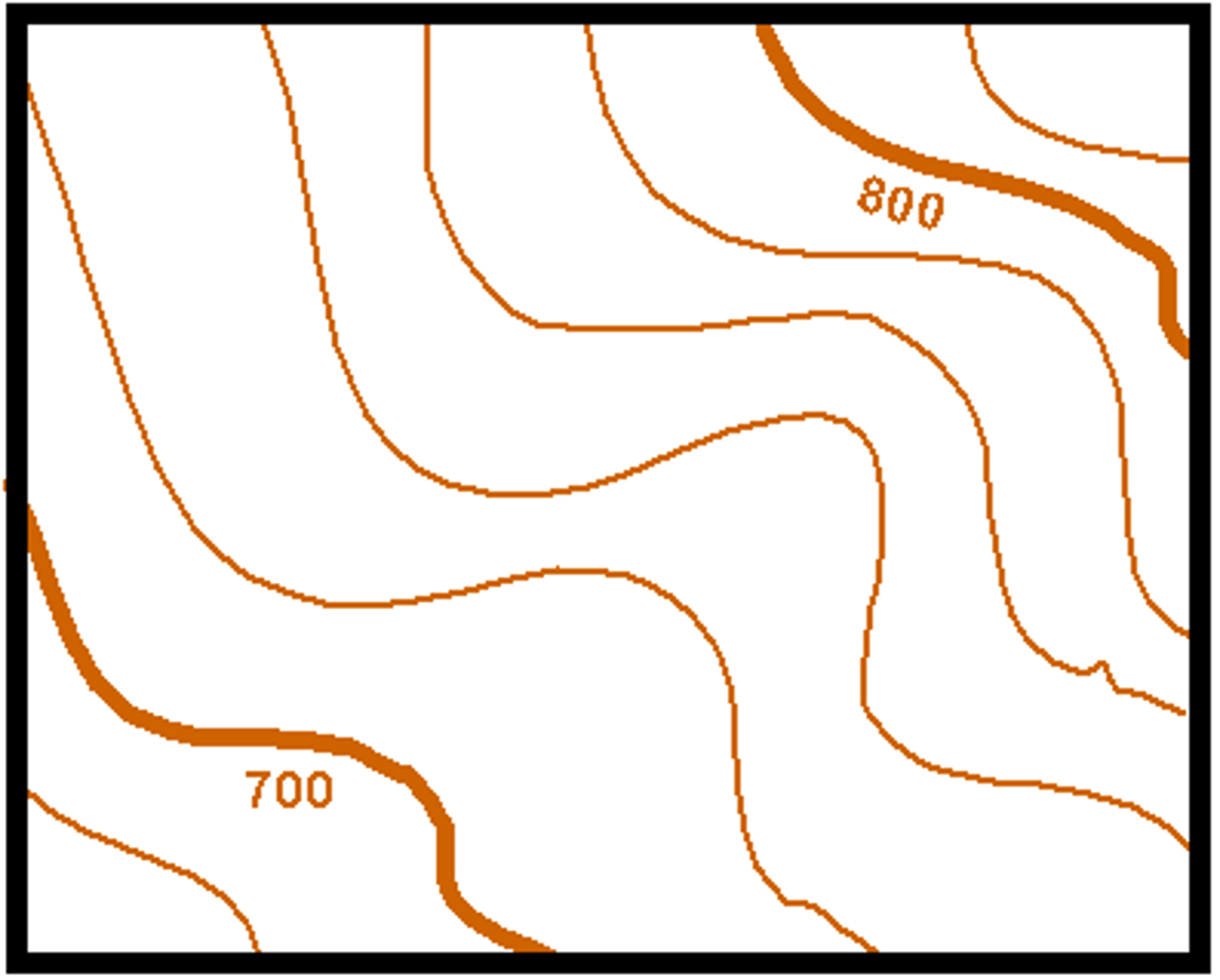 <p>thick, bold lines on a topographic map that indicate the exact elevation of that line; usually every 5th line</p>