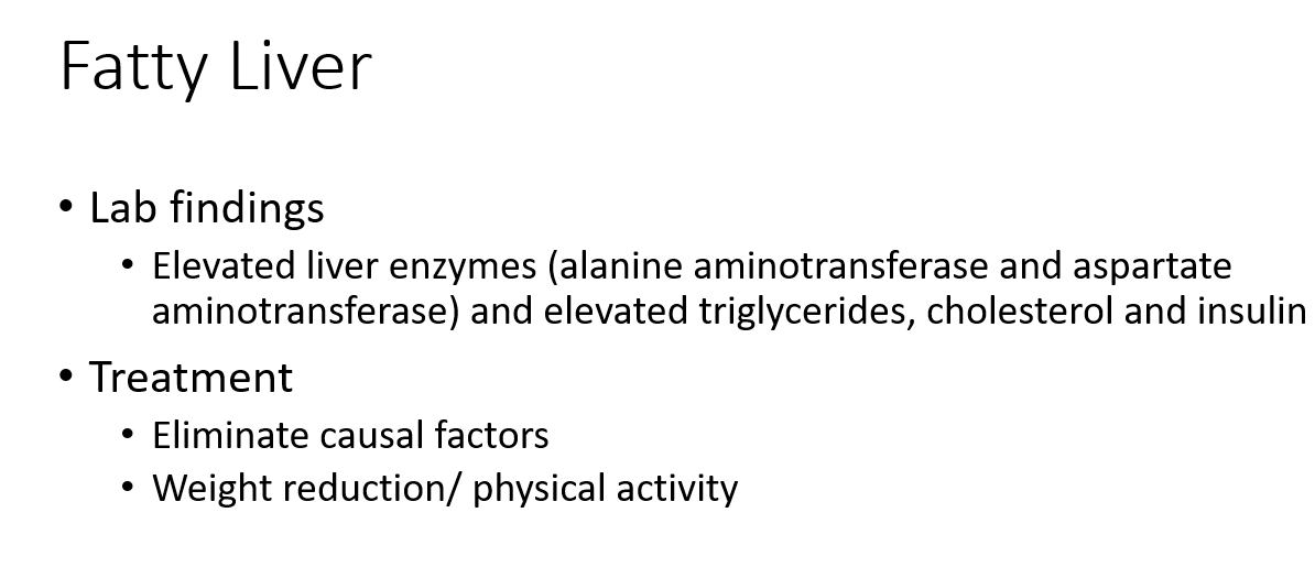 <p><strong>Elevated liver enzymes </strong>(ALT, AST), and <strong>elevated triglycerides, cholesterol, and insulin.</strong></p>