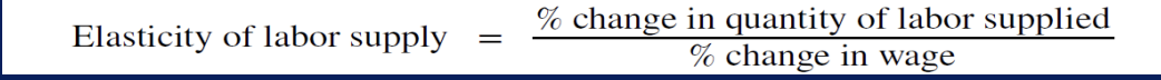 <ul><li><p>percentage change in hours worked divided by the percentage change in wages- will reflect the shape of the labor supply curve</p></li><li><p>wage elasticity of labor supply for teens is generally fairly elastic (a certain percentage change in wages will lead to a larger percentage change in the qty of hours worked)</p></li><li><p>conversely, wage elasticity of labor supply for adult workers in their 30s and 40s is fairly inelastic</p></li></ul><p></p>