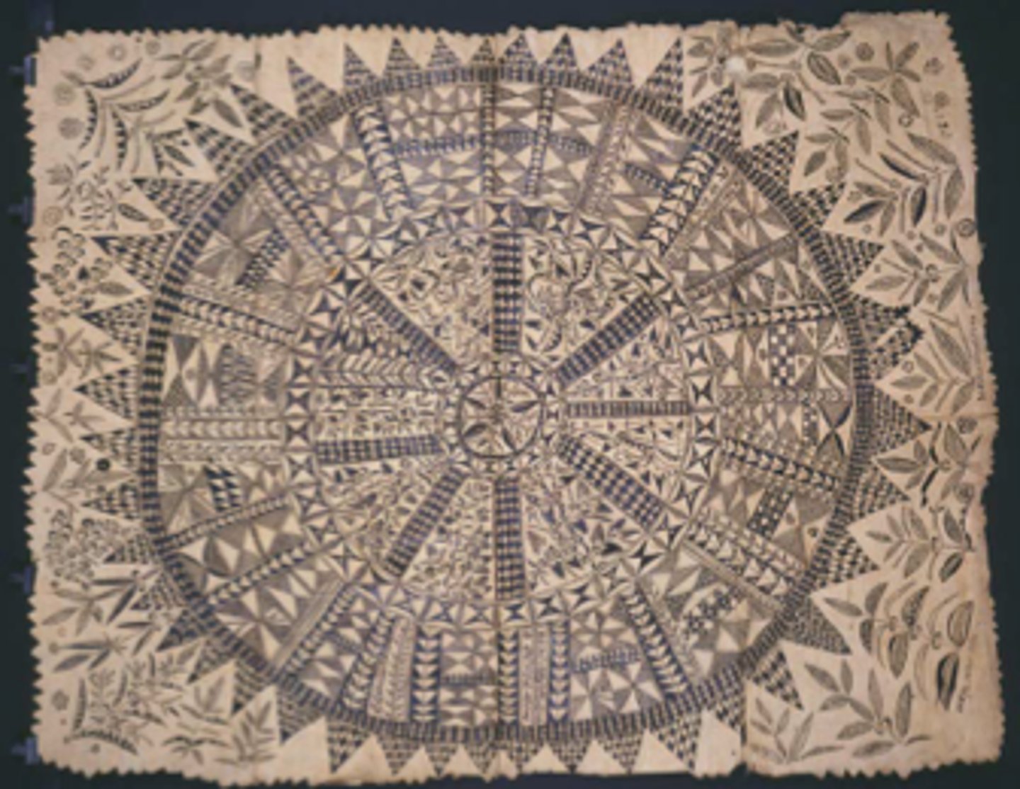 <p>Niue</p><p>c. 1850-1900 CE</p><p>Form: Tapa or bark cloth, freehand painting</p><p>Function: Traditionally used for clothing, bedding, and for wall decor.</p><p>The designs were painted free hand, stenciled, or stamped onto the cloth. Many of the designs for the Hiapo included geometric motifs. As seen in the example of Niue with a free hand painted design. Bark cloths were traditionally used for clothing, bedding, and for wall decor.</p>