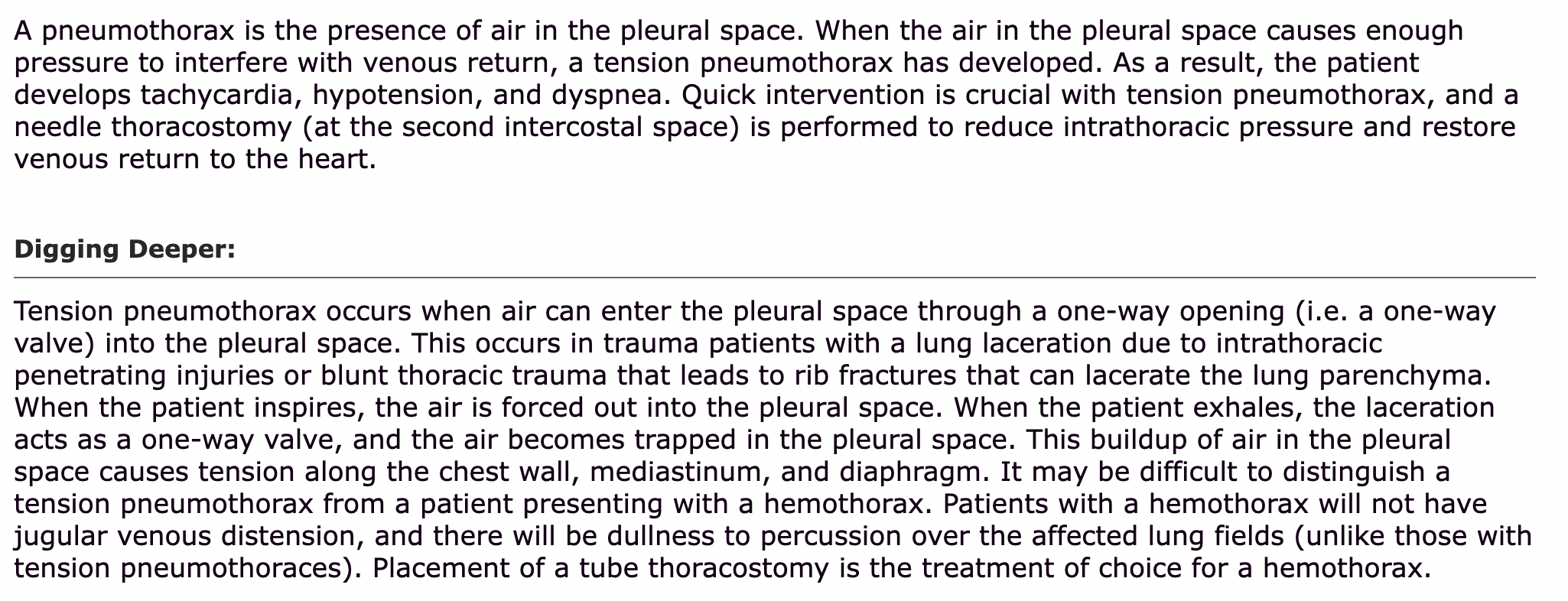 <p>After needle decompression of the pleural space to relieve intrathoracic pressure, then a Chest Tube is placed</p>