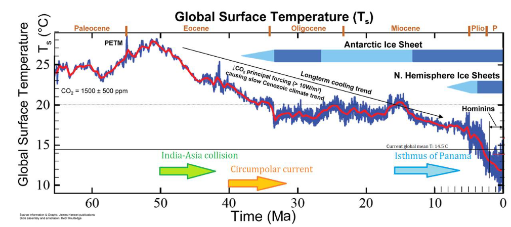 <p>Last 66 million years</p><p>Started 15 Celsius hotter but started a downward temp trend due to silicate weathering</p><p>The silicate weathering is from the uplift of the Himalayas made from Africa bumping into India</p><p>PETM due to large volcanic eruptions spewing CO2 &amp; blubbering basalt (carbon-rich sediments leading to temp rise) End permian</p><p>End cretaceous asteroid crashes into earth and releases aerosols (colder temps)</p><p>The circumpolar current is made from the Drake passage (south America and Antarctica) being opened. it’s a cold current keeping Antarctica frozen</p><p></p>
