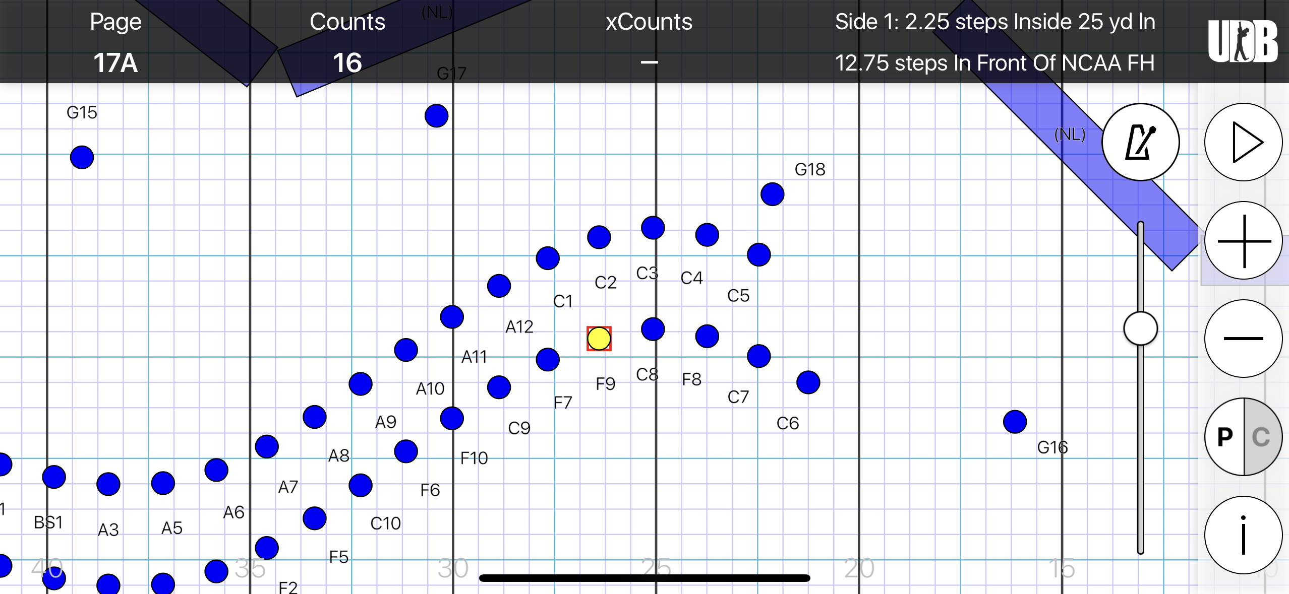 <p>STS: Side 1 ,2.25 steps inside 25 yd ln</p><p>FTB: 12.75 steps in front of FH</p><p>SS: Hold for 16 counts</p><p>XC: N/A</p>