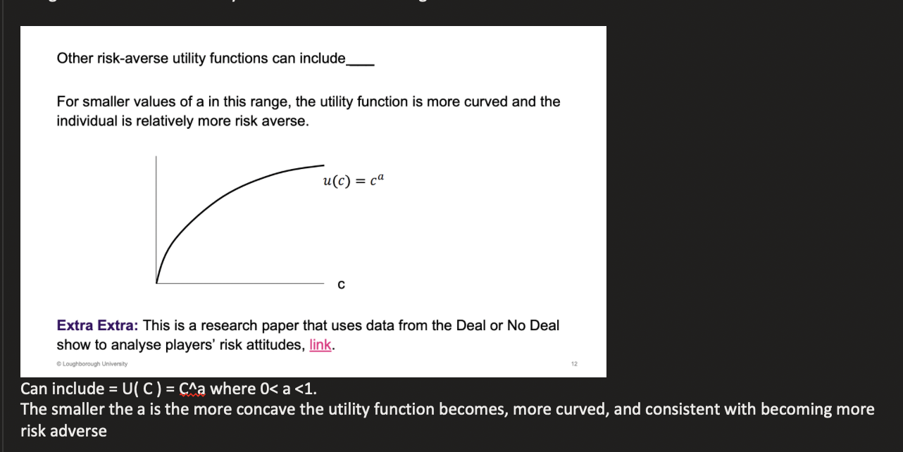 <img src="https://knowt-user-attachments.s3.amazonaws.com/36abddfd-5e45-4ecb-8201-ef701add0ef8.png" data-width="100%" data-align="center"><p>Risk aversion refers to the preference for a certain outcome over a gamble with a higher or equal expected value. In graphical terms, the utility curve is concave, indicating diminishing marginal utility with increasing wealth. </p>