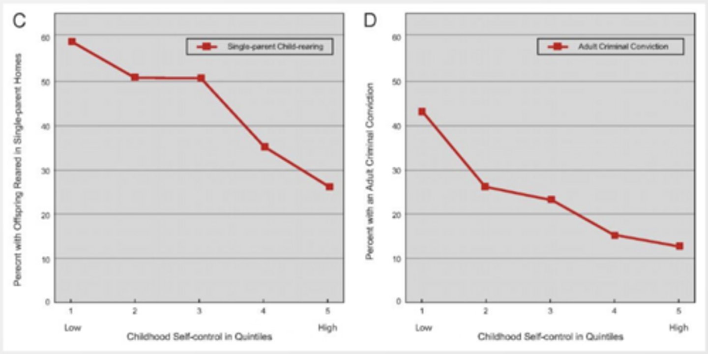 <p>- Controlling for:</p><p>+ Intelligence</p><p>+ SES background</p><p>- Children with poorer self-control were:</p><p>+ More likely to be single parents</p><p>+ More likely to be convicted of a crime</p>